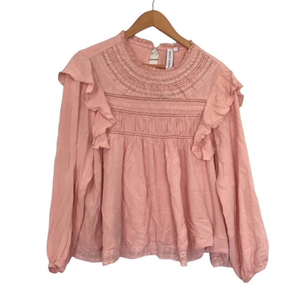 Grace + Karma ruffle crochet babydoll bohemian shirt size L loose fit pink - Picture 2 of 11